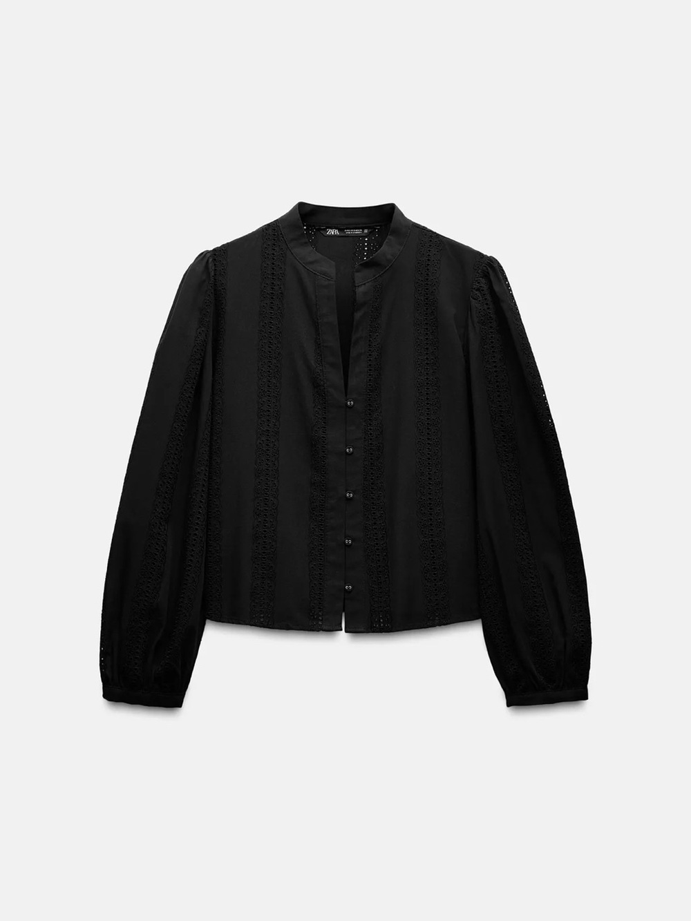 Zara Black Button-Front Lace-Trim Blouse